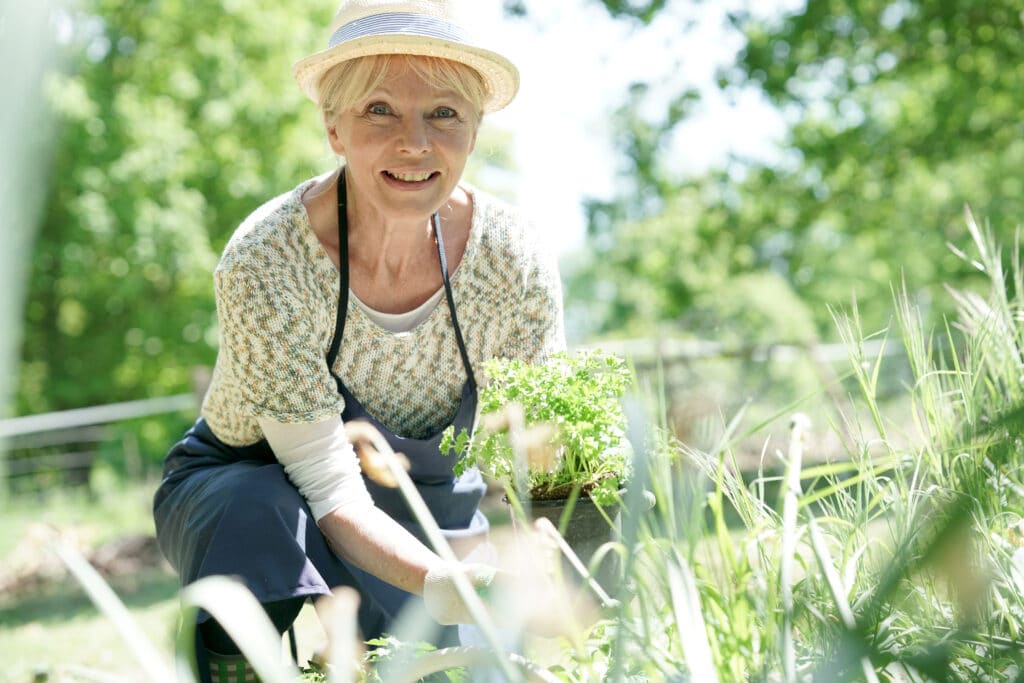 Older woman crouching down and working in her garden